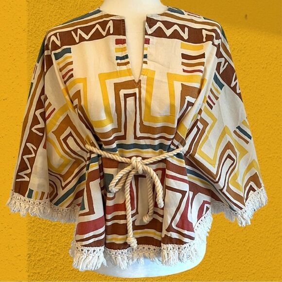 70s vintage true hippie cotton poncho with rope and fringe - Picture 3 of 11